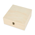 Large natural pine memory box shown closed at an angle.