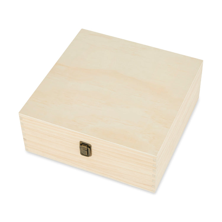 Large natural pine memory box shown closed at an angle.
