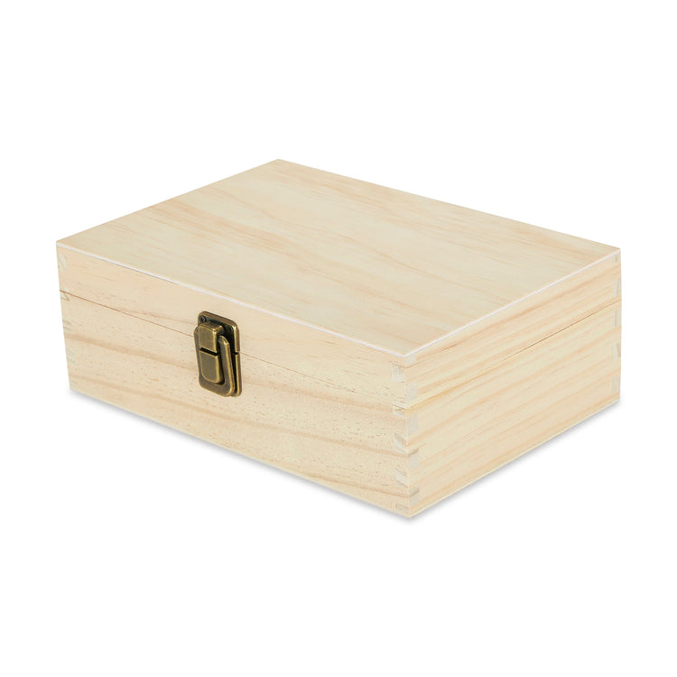 Medium natural pine memory box shown closed against white.
