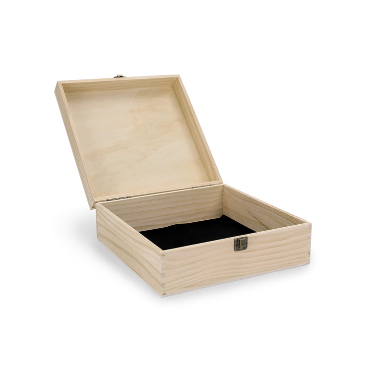 Large natural wood memory box shown open for interior finishing.