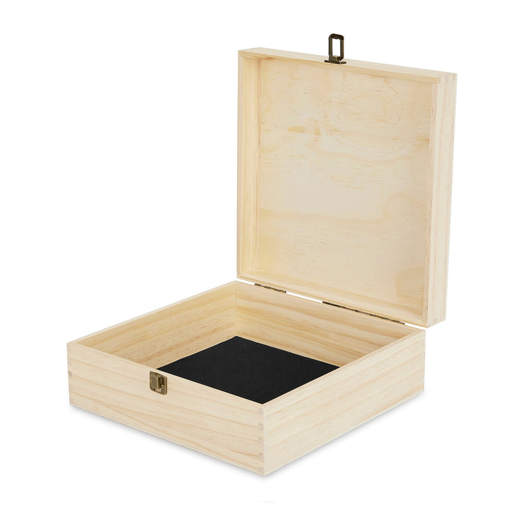 Open large natural wood memory box with black felt lining.