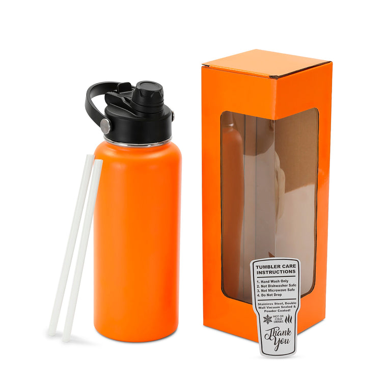 Orange 32 oz water bottle with window gift box and clear straws.