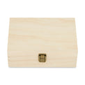 Natural pine memory box shown straight on with metal clasp.