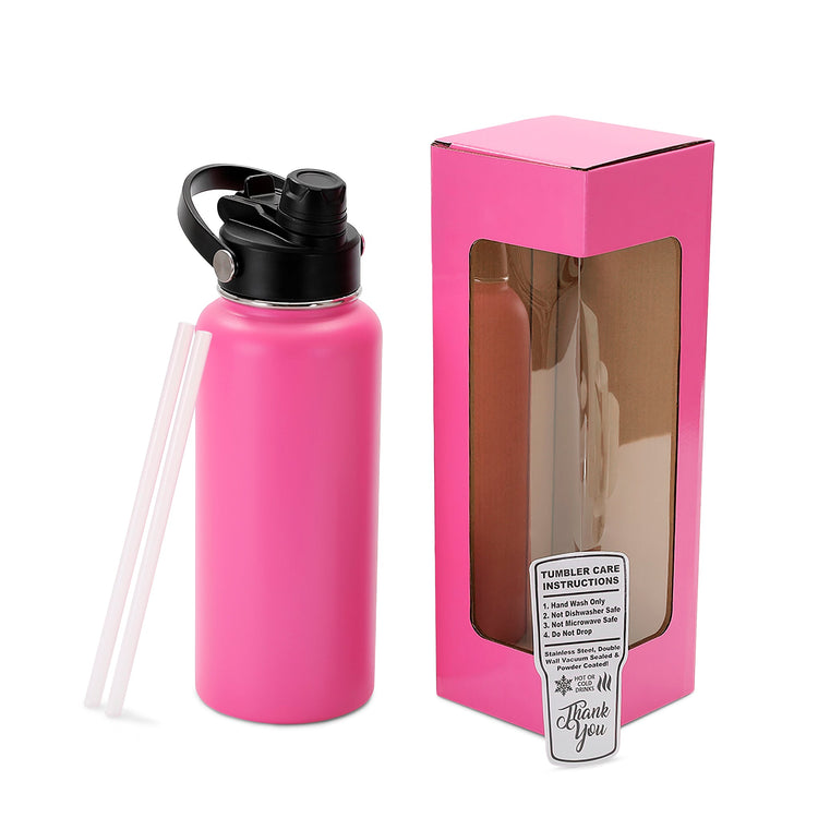Pink 32 oz water bottle with window gift box and clear straws.