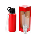 Red 32 oz water bottle with window gift box and clear straws.
