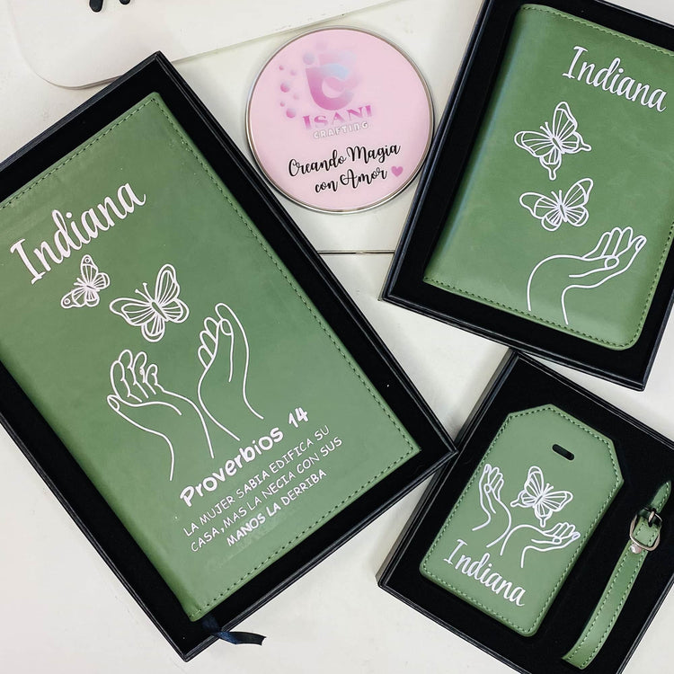 Green engraved journal displayed with coordinating personalized accessories.