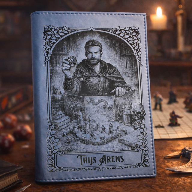 Black engraved journal featuring a detailed portrait design on the cover.