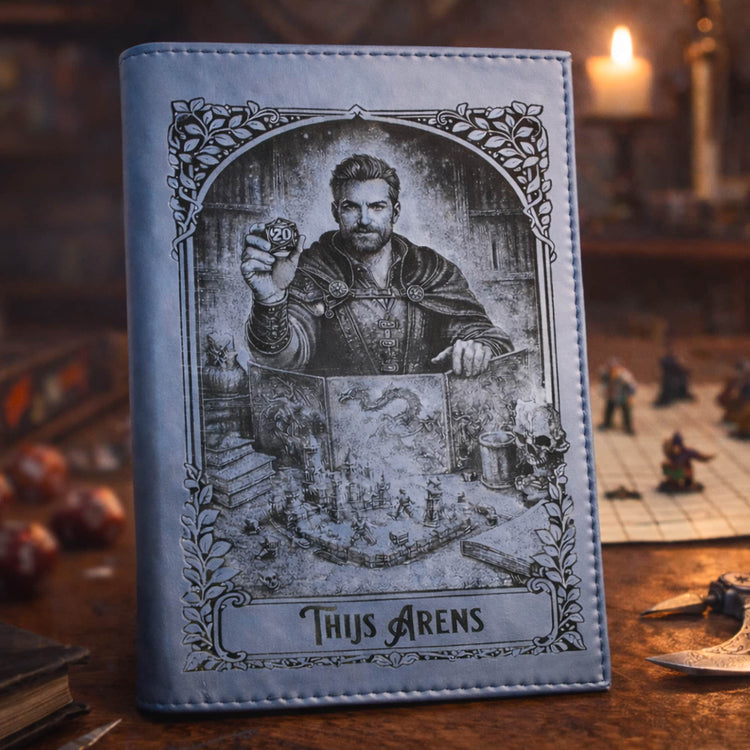 Black engraved journal featuring a detailed portrait design on the cover.