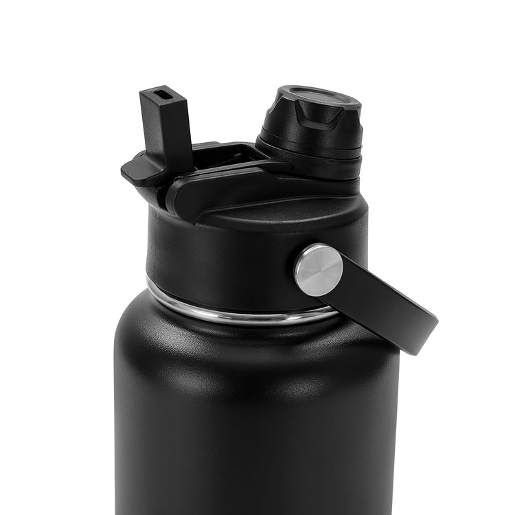 Close-up of the flip-up straw spout on a black bottle lid.