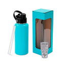 Teal 32 oz water bottle with window gift box and clear straws.