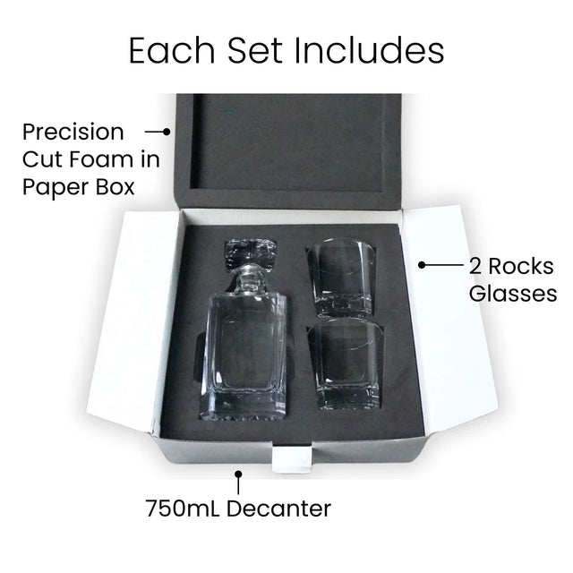 Square whiskey decanter and two rocks glasses in a fitted presentation box.