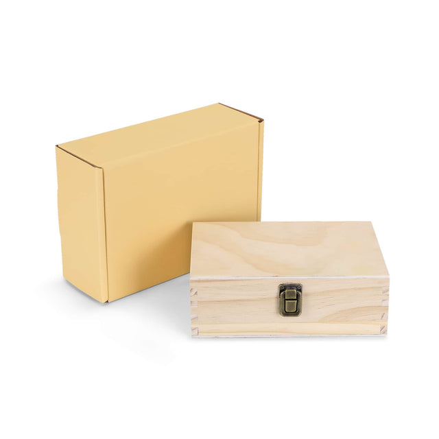 Medium natural wood memory box shown closed with metal clasp.