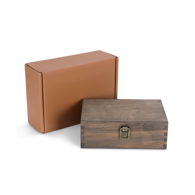 Medium walnut wood memory box shown closed with metal clasp.