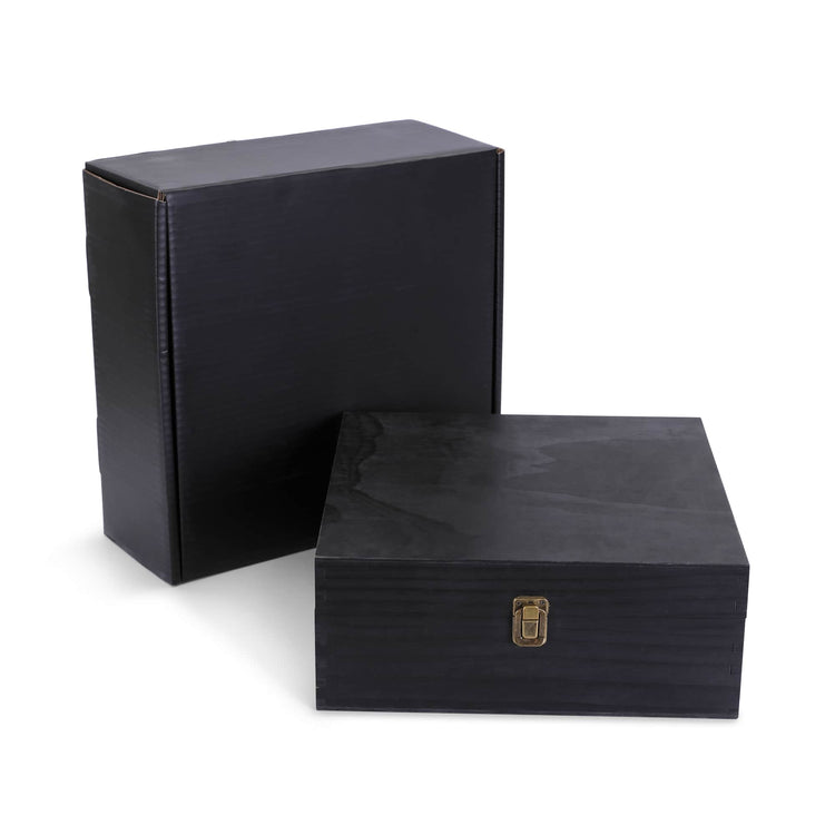 Large black memory box displayed with its presentation box.