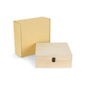 Large natural wood memory box shown closed with metal clasp.
