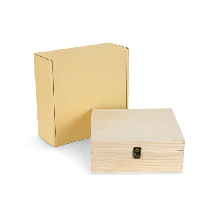 Large natural wood memory box shown closed with metal clasp.
