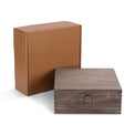 Large walnut wood memory box shown closed with metal clasp.