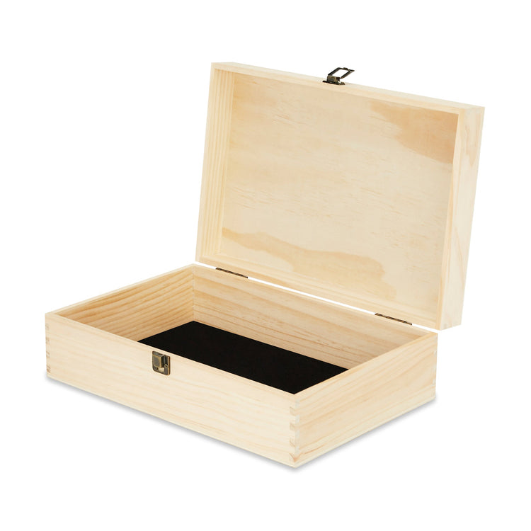 Open natural wood memory box showing its black felt-lined interior.
