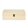 Natural wood memory box shown closed with two metal clasps.