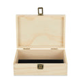 Natural wood memory box shown open with black felt lining.