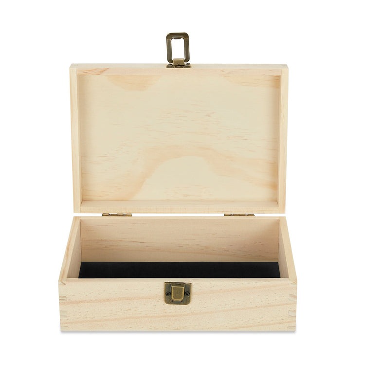 Natural wood memory box shown open with black felt lining.