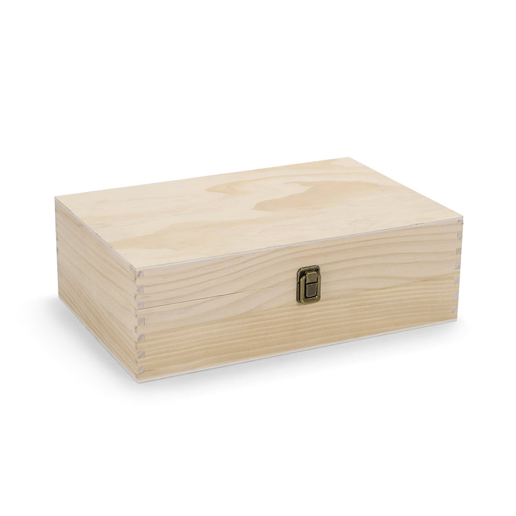 Extra-large natural wood memory box shown closed in a studio view.