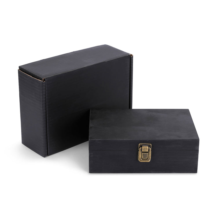 Black medium memory box displayed with its presentation box.