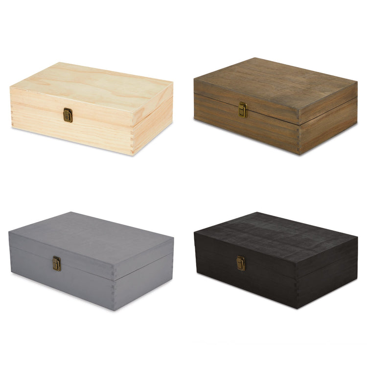 Extra-large memory boxes displayed in natural, walnut, gray, and black.