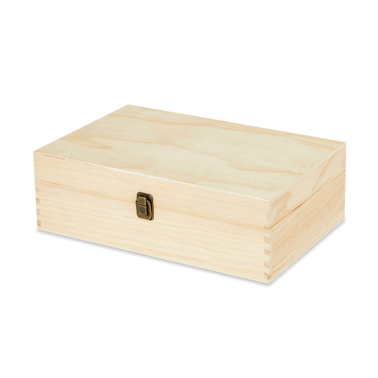 Extra-large natural wood memory box shown closed at an angle.
