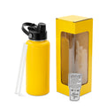 Yellow 32 oz water bottle with window gift box and clear straws.