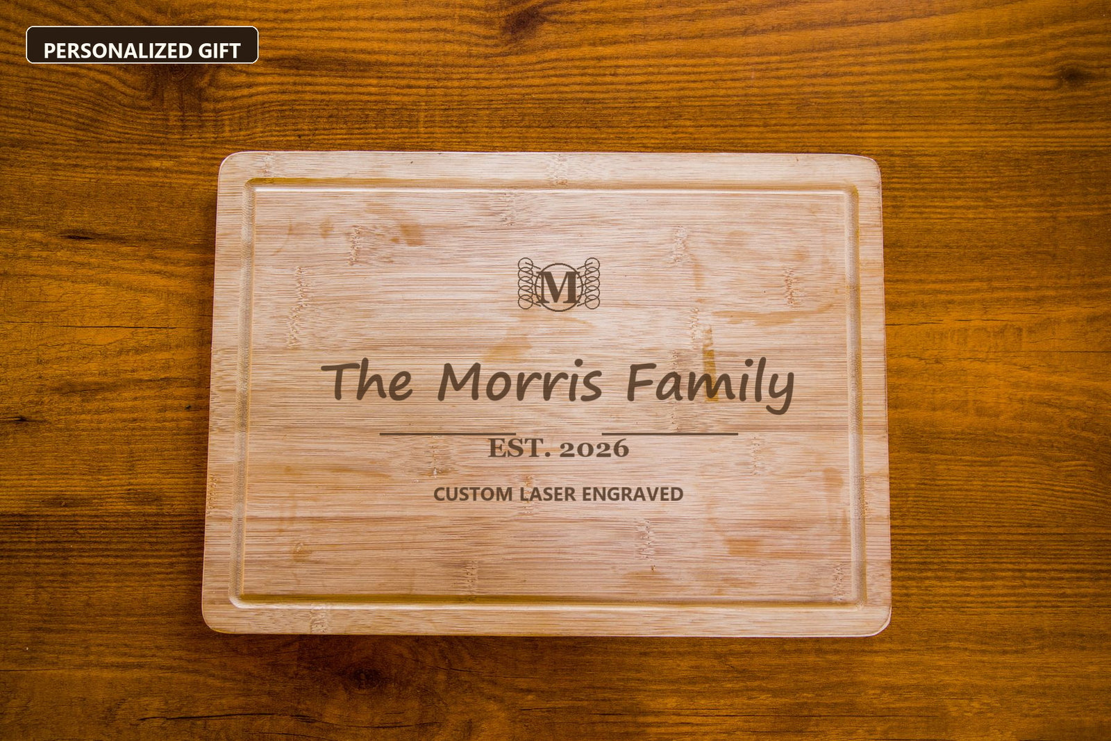 Personalized bamboo cutting board engraved family name mockup