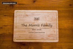 Personalized bamboo cutting board engraved family name mockup
