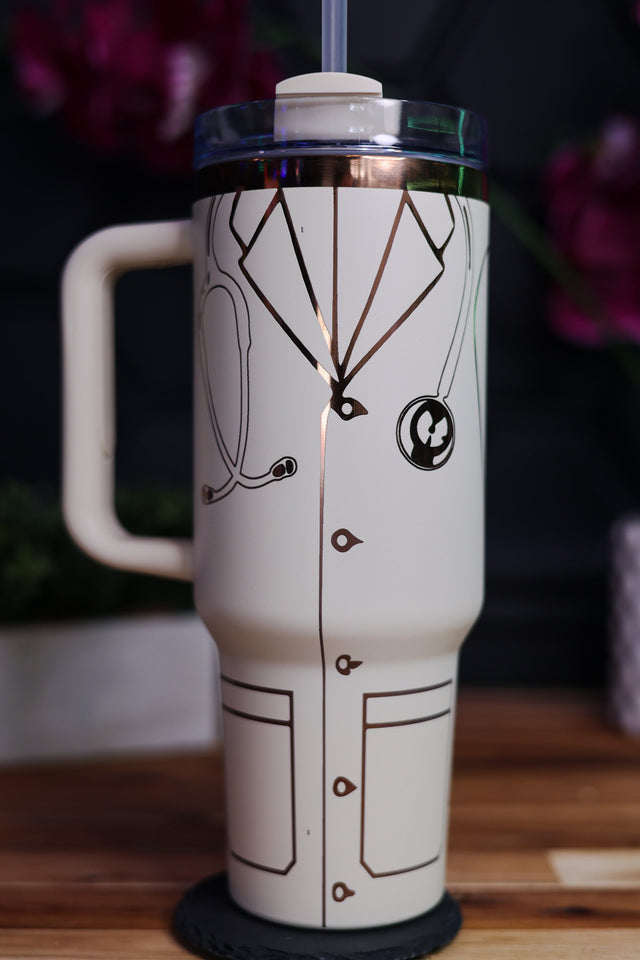 a white coffee cup with a picture of a man in a suit on it