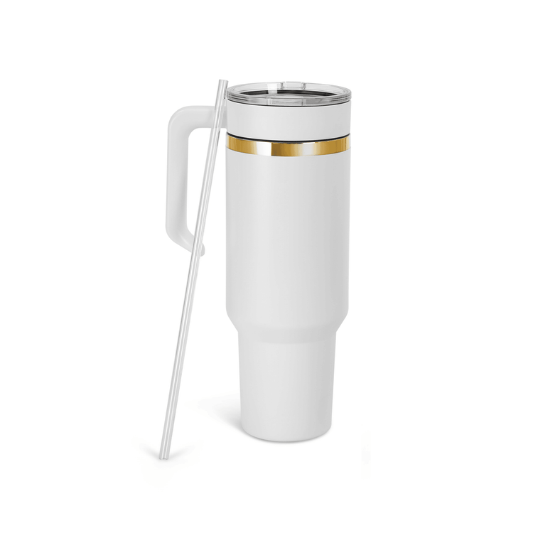 40oz Electroplated Tumbler with Handle — 40oz electroplated tumbler with twist on handle white gold