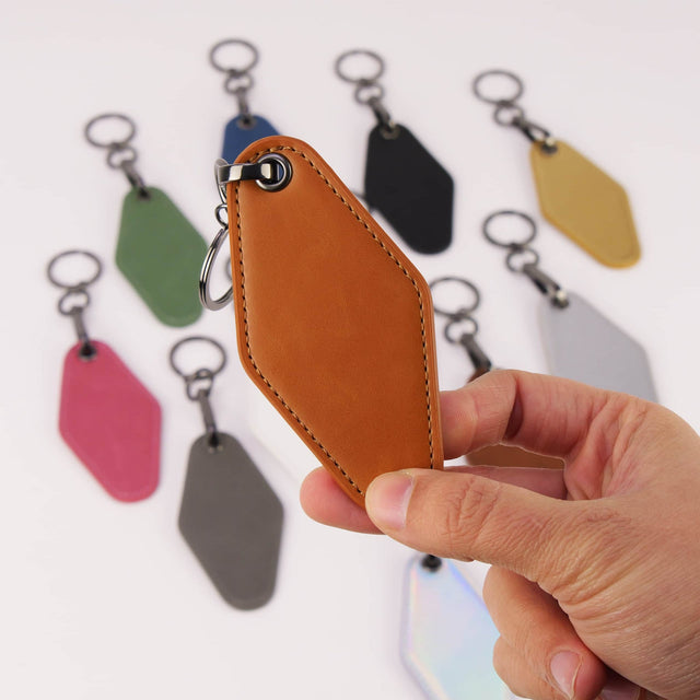 Laserette Motel Keychain — Engravable Motel Keychain Leatherette rawhide close up
