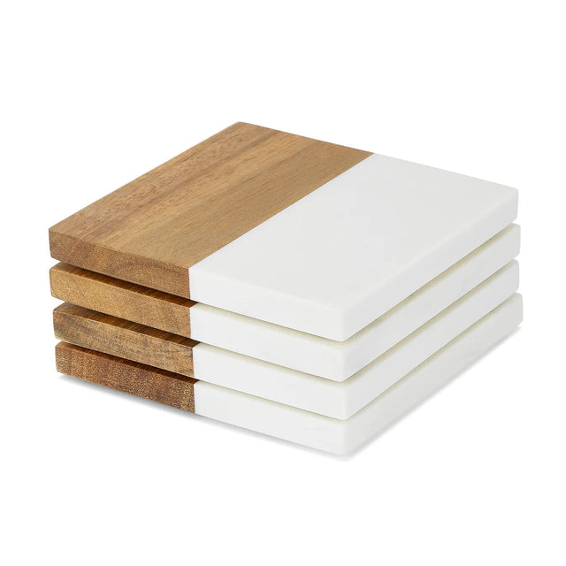 Marble and Wood Coaster Set — Set of 4 Engraveable Coasters Acacia Wood