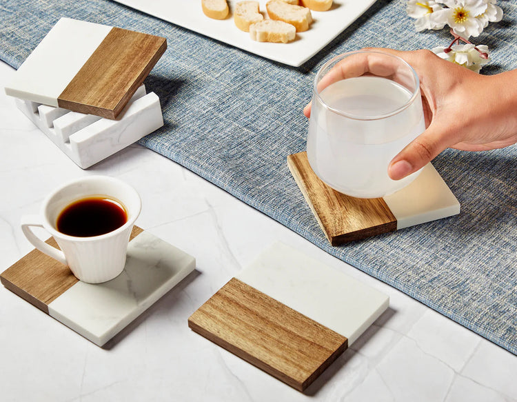 Marble and Wood Coaster Set — Marble with Acacia Wood Coasters