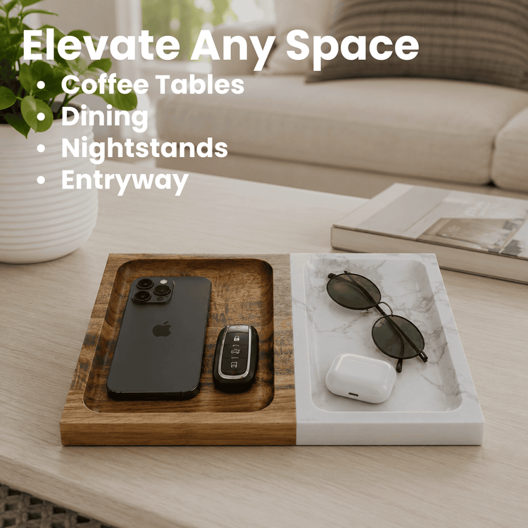 Marble & Wood Valet Tray — Engravable Decor Piece for any space