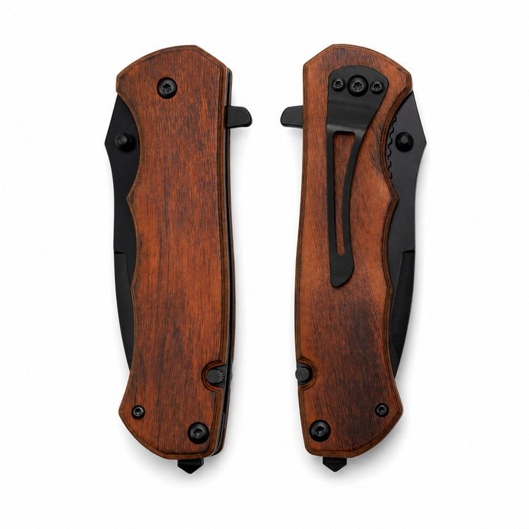 Pocket Knives — Rosewood laser engravable pocket knife front back