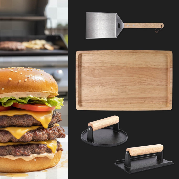Smash Burger Set — Engraveable Rubberwood Burger Board