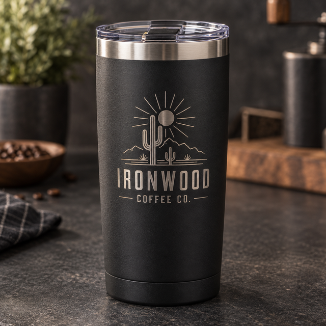Matte charcoal 20 oz powder-coated tumbler laser engraved with Ironwood Coffee Co. and a desert saguaro design.