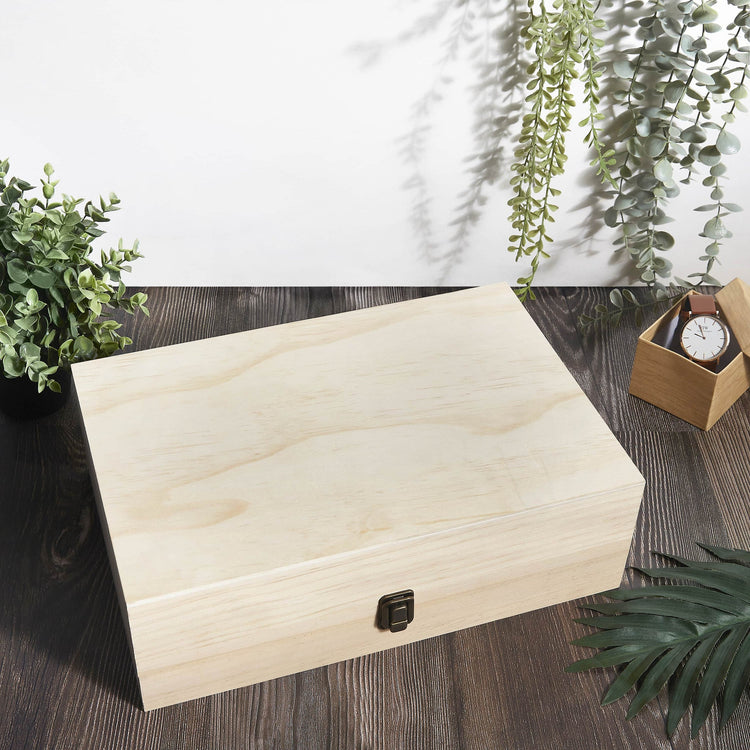 Closed natural wood memory box styled with plants and decor.